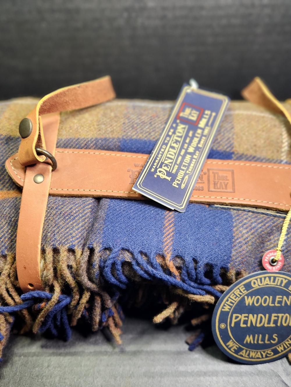 New Pendleton Blue & Brown Plaid Wool Duffel with Leather Straps